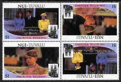 Tuvalu - Nui 1986 Royal Wedding (Andrew & Fergie) $1 with 'Congratulations' opt in silver in unissued perf tete-beche block of 4 (2 se-tenant pairs) unmounted mint from Printer's uncut proof sheet, stamps on royalty, stamps on andrew, stamps on fergie, stamps on 