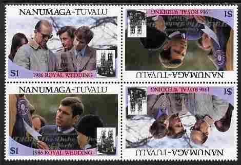 Tuvalu - Nanumaga 1986 Royal Wedding (Andrew & Fergie) $1 with 'Congratulations' opt in silver in unissued perf tete-beche block of 4 (2 se-tenant pairs) unmounted mint from Printer's uncut proof sheet, stamps on royalty, stamps on andrew, stamps on fergie, stamps on 