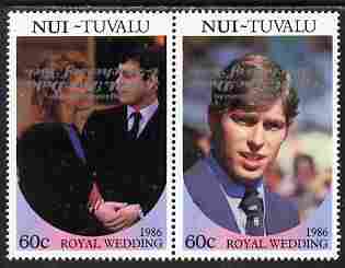 Tuvalu - Nui 1986 Royal Wedding (Andrew & Fergie) 60c with 'Congratulations' opt in silver in se-tenant pair with overprint inverted unmounted mint from Printer's uncut proof sheet, stamps on , stamps on  stamps on royalty, stamps on  stamps on andrew, stamps on  stamps on fergie, stamps on  stamps on 