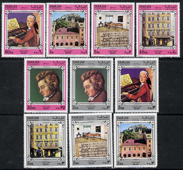 Sharjah 1970 Mozart perf set of 10 (Mi 723-32A) unmounted mint, stamps on , stamps on  stamps on music, stamps on  stamps on personalities, stamps on  stamps on composers, stamps on  stamps on masonics, stamps on  stamps on mozart, stamps on  stamps on personalities, stamps on  stamps on mozart, stamps on  stamps on music, stamps on  stamps on composers, stamps on  stamps on masonics, stamps on  stamps on masonry