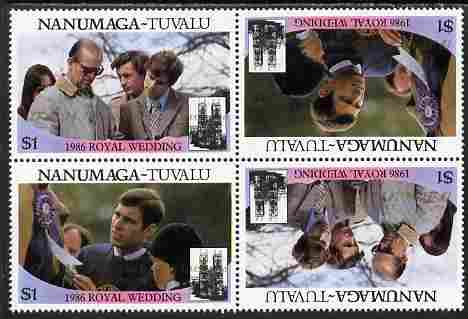 Tuvalu - Nanumaga 1986 Royal Wedding (Andrew & Fergie) $1 with 'Congratulations' opt in gold in unissued perf tete-beche block of 4 (2 se-tenant pairs) unmounted mint from Printer's uncut proof sheet, stamps on royalty, stamps on andrew, stamps on fergie, stamps on 