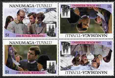 Tuvalu - Nanumaga 1986 Royal Wedding (Andrew & Fergie) $1 with 'Congratulations' opt in gold in unissued perf tete-beche block of 4 (2 se-tenant pairs) unmounted mint from Printer's uncut proof sheet, stamps on , stamps on  stamps on royalty, stamps on  stamps on andrew, stamps on  stamps on fergie, stamps on  stamps on 