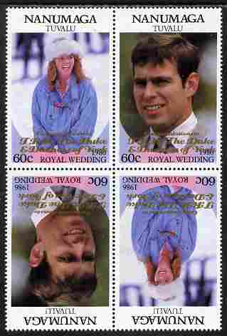 Tuvalu - Nanumaga 1986 Royal Wedding (Andrew & Fergie) 60c with 'Congratulations' opt in gold in unissued perf tete-beche block of 4 (2 se-tenant pairs) unmounted mint from Printer's uncut proof sheet, stamps on , stamps on  stamps on royalty, stamps on  stamps on andrew, stamps on  stamps on fergie, stamps on  stamps on 