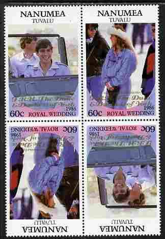 Tuvalu - Nanumea 1986 Royal Wedding (Andrew & Fergie) 60c with 'Congratulations' opt in gold in unissued perf tete-beche block of 4 (2 se-tenant pairs) unmounted mint from Printer's uncut proof sheet, stamps on , stamps on  stamps on royalty, stamps on  stamps on andrew, stamps on  stamps on fergie, stamps on  stamps on 