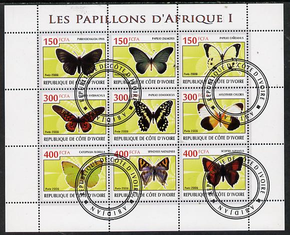 Ivory Coast 2009 Butterflies of Africa #1 perf sheetlet containing 9 values fine cto used, stamps on butterflies