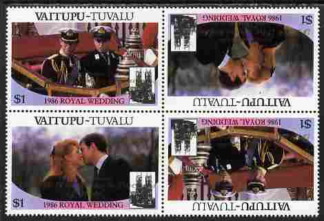 Tuvalu - Vaitupu 1986 Royal Wedding (Andrew & Fergie) $1 with 'Congratulations' opt in gold in unissued perf tete-beche block of 4 (2 se-tenant pairs) unmounted mint from Printer's uncut proof sheet, stamps on royalty, stamps on andrew, stamps on fergie, stamps on 