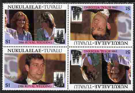 Tuvalu - Nukulaelae 1986 Royal Wedding (Andrew & Fergie) $1 with 'Congratulations' opt in gold in unissued perf tete-beche block of 4 (2 se-tenant pairs) unmounted mint from Printer's uncut proof sheet, stamps on royalty, stamps on andrew, stamps on fergie, stamps on 