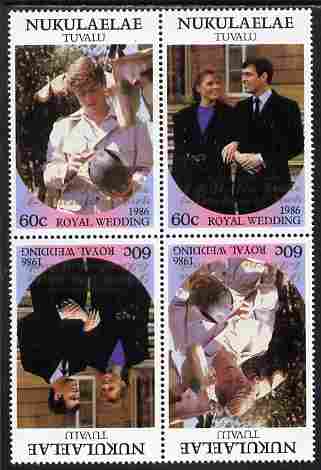 Tuvalu - Nukulaelae 1986 Royal Wedding (Andrew & Fergie) 60c with 'Congratulations' opt in gold in unissued perf tete-beche block of 4 (2 se-tenant pairs) unmounted mint from Printer's uncut proof sheet, stamps on royalty, stamps on andrew, stamps on fergie, stamps on 