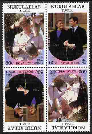 Tuvalu - Nukulaelae 1986 Royal Wedding (Andrew & Fergie) 60c with 'Congratulations' opt in gold in unissued perf tete-beche block of 4 (2 se-tenant pairs) unmounted mint from Printer's uncut proof sheet, stamps on , stamps on  stamps on royalty, stamps on  stamps on andrew, stamps on  stamps on fergie, stamps on  stamps on 