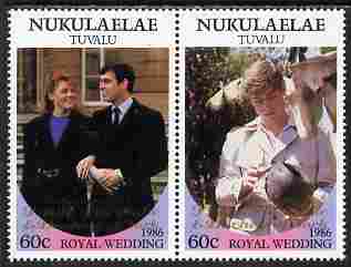 Tuvalu - Nukulaelae 1986 Royal Wedding (Andrew & Fergie) 60c with Congratulations opt in gold se-tenant pair unmounted mint from Printers uncut proof sheet, stamps on royalty, stamps on andrew, stamps on fergie, stamps on 