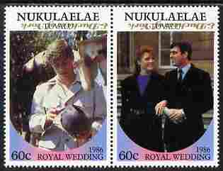 Tuvalu - Nukulaelae 1986 Royal Wedding (Andrew & Fergie) 60c with Congratulations opt in gold se-tenant pair with overprint inverted unmounted mint from Printers uncut pr..., stamps on royalty, stamps on andrew, stamps on fergie, stamps on 