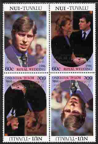 Tuvalu - Nui 1986 Royal Wedding (Andrew & Fergie) 60c with 'Congratulations' opt in gold in unissued perf tete-beche block of 4 (2 se-tenant pairs) unmounted mint from Printer's uncut proof sheet, stamps on royalty, stamps on andrew, stamps on fergie, stamps on 