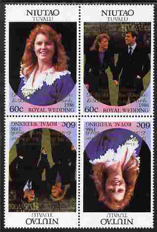 Tuvalu - Niutao 1986 Royal Wedding (Andrew & Fergie) 60c with Congratulations opt in gold in unissued perf tete-beche block of 4 (2 se-tenant pairs) unmounted mint from P..., stamps on royalty, stamps on andrew, stamps on fergie, stamps on 