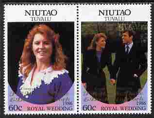 Tuvalu - Niutao 1986 Royal Wedding (Andrew & Fergie) $1 with Congratulations opt in gold se-tenant pair unmounted mint from Printers uncut proof sheet, stamps on royalty, stamps on andrew, stamps on fergie, stamps on 