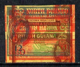 North Borneo - British Guiana 1961 spectacular piece of printers waste from De La Rue archives comprising N Borneo 16c frame, 10c frame & vignette, 10c frame (inverted) plus Br Guiana 3c frame variously positioned, while reverse shows partial offsets, imperf stamp sized single (pairs & blocks available), stamps on , stamps on  stamps on north borneo - british guiana 1961 spectacular piece of printers waste from de la rue archives comprising n borneo 16c frame, stamps on  stamps on  10c frame & vignette, stamps on  stamps on  10c frame (inverted) plus br guiana 3c frame variously positioned, stamps on  stamps on  while reverse shows partial offsets, stamps on  stamps on  imperf stamp sized single (pairs & blocks available)