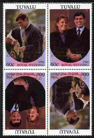 Tuvalu 1986 Royal Wedding (Andrew & Fergie) 60c with 'Congratulations' opt in gold in unissued perf tete-beche block of 4 (2 se-tenant pairs) unmounted mint from Printer's uncut proof sheet, stamps on royalty, stamps on andrew, stamps on fergie, stamps on 