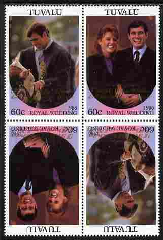 Tuvalu 1986 Royal Wedding (Andrew & Fergie) 60c with 'Congratulations' opt in gold in unissued perf tete-beche block of 4 (2 se-tenant pairs) unmounted mint from Printer's uncut proof sheet, stamps on , stamps on  stamps on royalty, stamps on  stamps on andrew, stamps on  stamps on fergie, stamps on  stamps on 