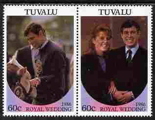 Tuvalu 1986 Royal Wedding (Andrew & Fergie) 60c with 'Congratulations' opt in gold se-tenant pair with overprint inverted unmounted mint from Printer's uncut proof sheet, stamps on royalty, stamps on andrew, stamps on fergie, stamps on 