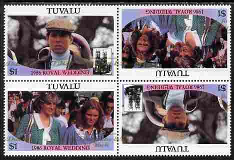 Tuvalu 1986 Royal Wedding (Andrew & Fergie) $1 with 'Congratulations' opt in gold in unissued perf tete-beche block of 4 (2 se-tenant pairs) with overprint misplaced 20 mm unmounted mint from Printer's uncut proof sheet, stamps on , stamps on  stamps on royalty, stamps on  stamps on andrew, stamps on  stamps on fergie, stamps on  stamps on 