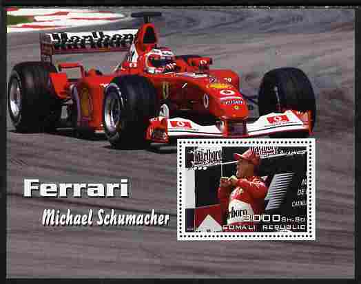 Somalia 2003 Ferrari Cars - Michael Schumacher #1 perf m/sheet unmounted mint. Note this item is privately produced and is offered purely on its thematic appeal, stamps on personalities, stamps on cars, stamps on ferrari, stamps on  f1 , stamps on formula 1, stamps on schumacher, stamps on shells