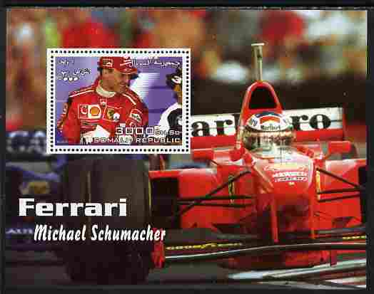 Somalia 2003 Ferrari Cars - Michael Schumacher #2 perf m/sheet unmounted mint, stamps on , stamps on  stamps on personalities, stamps on  stamps on cars, stamps on  stamps on ferrari, stamps on  stamps on  f1 , stamps on  stamps on formula 1, stamps on  stamps on schumacher, stamps on  stamps on shells