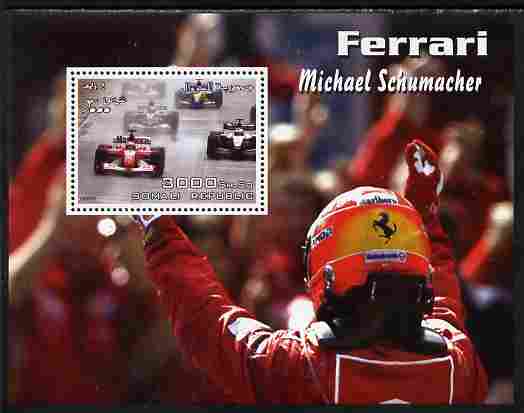 Somalia 2003 Ferrari Cars - Michael Schumacher #3 perf m/sheet unmounted mint. Note this item is privately produced and is offered purely on its thematic appeal, stamps on personalities, stamps on cars, stamps on ferrari, stamps on  f1 , stamps on formula 1, stamps on schumacher