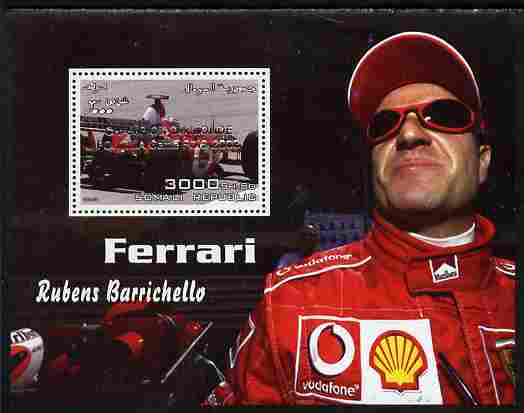 Somalia 2003 Ferrari Cars - Rubens Barrichello perf m/sheet overprinted World Champion in silver unmounted mint. Note this item is privately produced and is offered purel..., stamps on personalities, stamps on cars, stamps on ferrari, stamps on  f1 , stamps on formula 1, stamps on shells