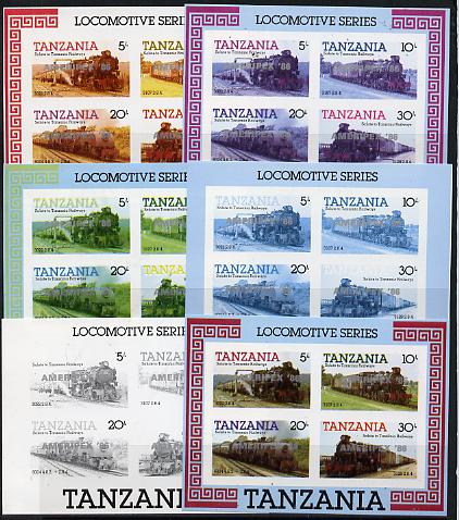 Tanzania 1986 Locomotives m/sheet (as SG MS 434) unmounted mint imperf set of 6 progressive colour proofs each with 'AMERIPEX 86' opt in silver, stamps on postal, stamps on railways, stamps on stamp exhibitions
