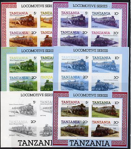 Tanzania 1986 Locomotives m/sheet (as SG MS 434) unmounted mint imperf set of 6 progressive colour proofs each with AMERIPEX 86 opt in silver, stamps on postal, stamps on railways, stamps on stamp exhibitions