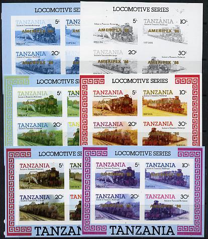 Tanzania 1986 Locomotives m/sheet (as SG MS 434) unmounted mint imperf set of 6 progressive colour proofs each with 'AMERIPEX 86' opt in gold, stamps on , stamps on  stamps on postal, stamps on  stamps on railways, stamps on  stamps on stamp exhibitions