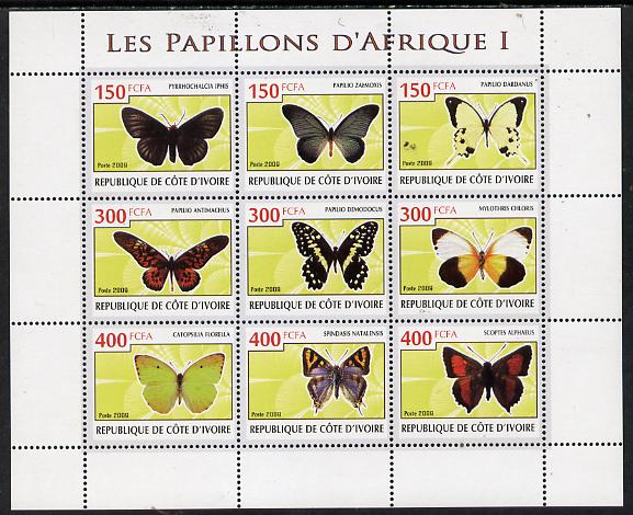 Ivory Coast 2009 Butterflies of Africa #1 perf sheetlet containing 9 values unmounted mint, stamps on , stamps on  stamps on butterflies