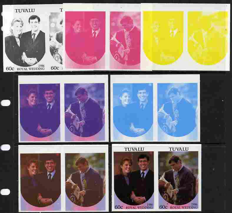 Tuvalu 1986 Royal Wedding (Andrew & Fergie) 60c set of 7 imperf progressive proofs comprising the 4 individual colours plus 2, 3 and all 4 colour composites unmounted mint (7 se-tenant proof pairs), stamps on , stamps on  stamps on royalty, stamps on  stamps on andrew, stamps on  stamps on fergie, stamps on  stamps on 