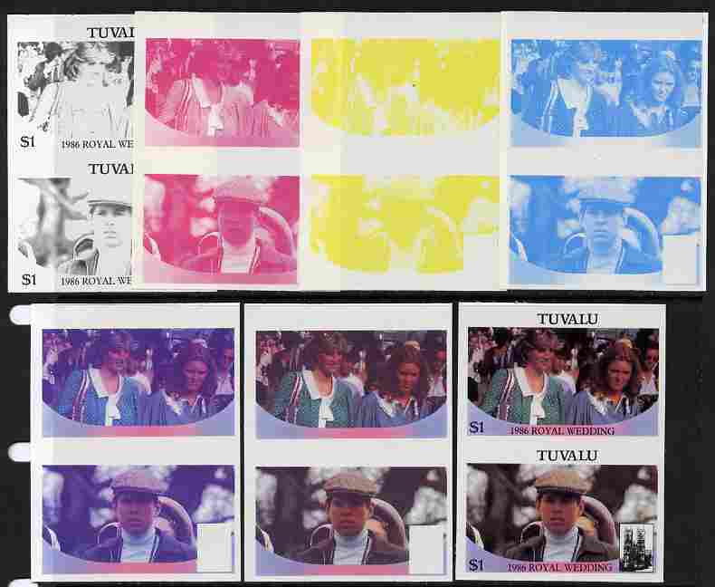 Tuvalu 1986 Royal Wedding (Andrew & Fergie) $1 set of 7 imperf progressive proofs comprising the 4 individual colours plus 2, 3 and all 4 colour composites unmounted mint (7 se-tenant proof pairs), stamps on royalty, stamps on andrew, stamps on fergie, stamps on 