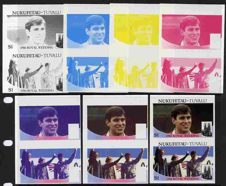 Tuvalu - Nukufetau 1986 Royal Wedding (Andrew & Fergie) $1 set of 7 imperf progressive proofs comprising the 4 individual colours plus 2, 3 and all 4 colour composites unmounted mint (7 se-tenant proof pairs), stamps on , stamps on  stamps on royalty, stamps on  stamps on andrew, stamps on  stamps on fergie, stamps on  stamps on 