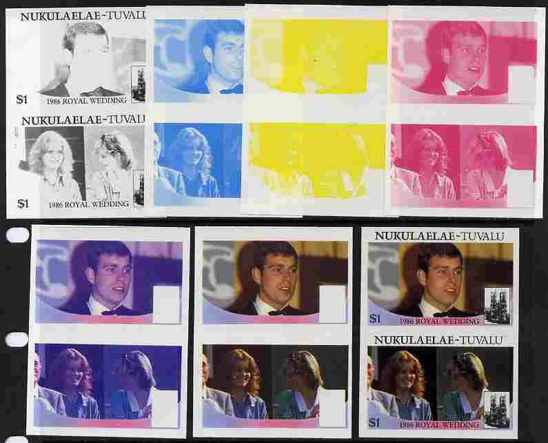 Tuvalu - Nukulaelae 1986 Royal Wedding (Andrew & Fergie) $1 set of 7 imperf progressive proofs comprising the 4 individual colours plus 2, 3 and all 4 colour composites unmounted mint (7 se-tenant proof pairs), stamps on , stamps on  stamps on royalty, stamps on  stamps on andrew, stamps on  stamps on fergie, stamps on  stamps on 