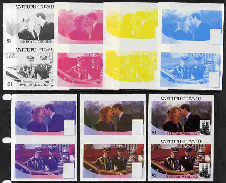 Tuvalu - Vaitupu 1986 Royal Wedding (Andrew & Fergie) $1 set of 7 imperf progressive proofs comprising the 4 individual colours plus 2, 3 and all 4 colour composites unmounted mint (7 se-tenant proof pairs), stamps on , stamps on  stamps on royalty, stamps on  stamps on andrew, stamps on  stamps on fergie, stamps on  stamps on 