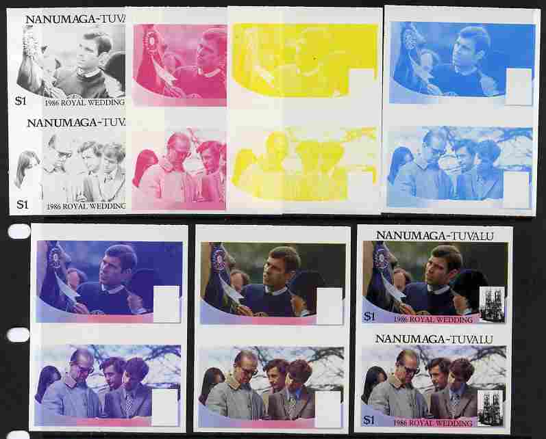 Tuvalu - Nanumaga 1986 Royal Wedding (Andrew & Fergie) $1 set of 7 imperf progressive proofs comprising the 4 individual colours plus 2, 3 and all 4 colour composites unmounted mint (7 se-tenant proof pairs), stamps on , stamps on  stamps on royalty, stamps on  stamps on andrew, stamps on  stamps on fergie, stamps on  stamps on 