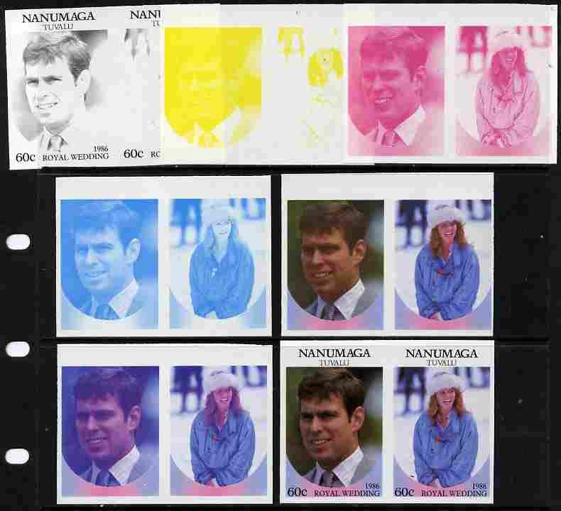 Tuvalu - Nanumaga 1986 Royal Wedding (Andrew & Fergie) 60c set of 7 imperf progressive proofs comprising the 4 individual colours plus 2, 3 and all 4 colour composites un..., stamps on royalty, stamps on andrew, stamps on fergie, stamps on 