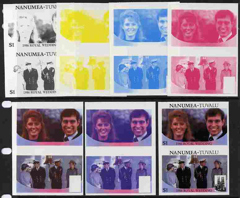 Tuvalu - Nanumea 1986 Royal Wedding (Andrew & Fergie) $1 set of 7 imperf progressive proofs comprising the 4 individual colours plus 2, 3 and all 4 colour composites unmounted mint (7 se-tenant proof pairs), stamps on , stamps on  stamps on royalty, stamps on  stamps on andrew, stamps on  stamps on fergie, stamps on  stamps on 