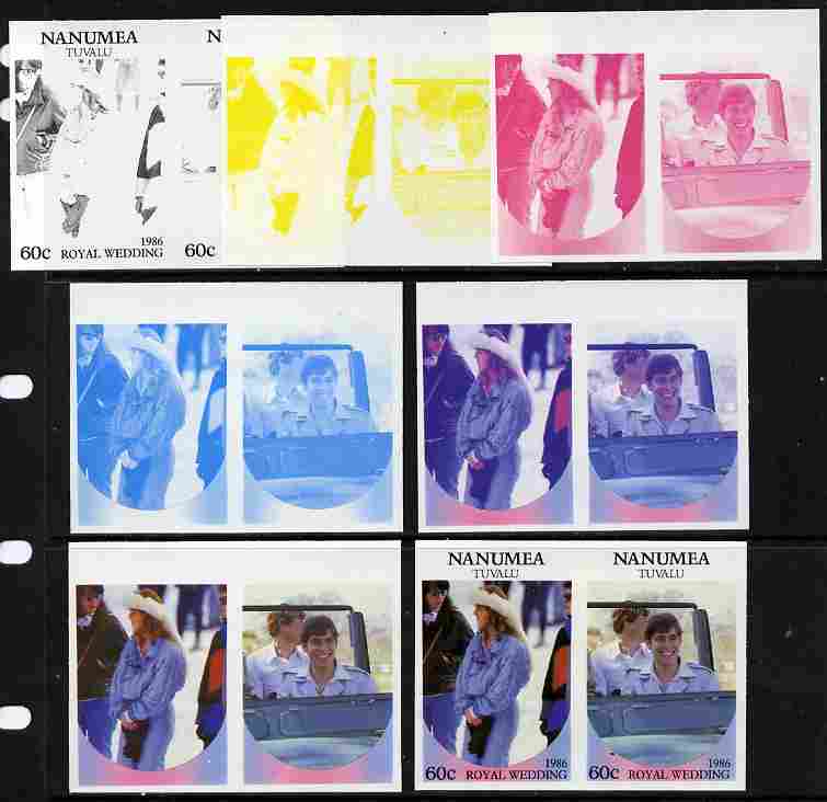 Tuvalu - Nanumea 1986 Royal Wedding (Andrew & Fergie) 60c set of 7 imperf progressive proofs comprising the 4 individual colours plus 2, 3 and all 4 colour composites unmounted mint (7 se-tenant proof pairs), stamps on , stamps on  stamps on royalty, stamps on  stamps on andrew, stamps on  stamps on fergie, stamps on  stamps on 