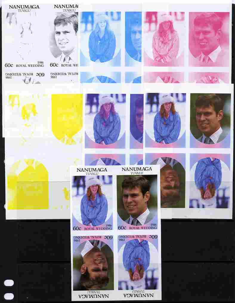 Tuvalu - Nanumaga 1986 Royal Wedding (Andrew & Fergie) 60c tete-beche se-tenant block of 4 - set of 7 imperf progressive proofs comprising the 4 individual colours plus 2, 3 and all 4 colour composites unmounted mint (7 tete-beche se-tenant proof blocks), stamps on , stamps on  stamps on royalty, stamps on  stamps on andrew, stamps on  stamps on fergie, stamps on  stamps on 