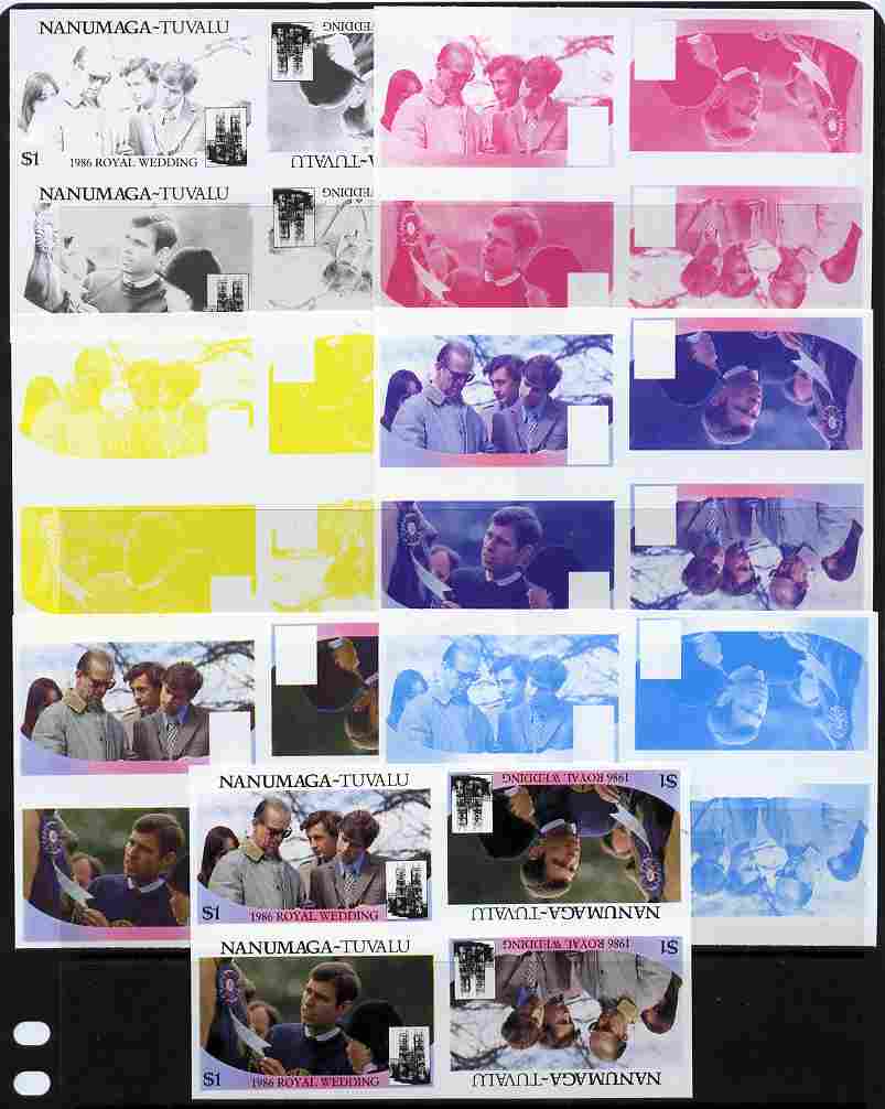 Tuvalu - Nanumaga 1986 Royal Wedding (Andrew & Fergie) $1 tete-beche se-tenant block of 4 - set of 7 imperf progressive proofs comprising the 4 individual colours plus 2, 3 and all 4 colour composites unmounted mint (7 tete-beche se-tenant proof blocks), stamps on , stamps on  stamps on royalty, stamps on  stamps on andrew, stamps on  stamps on fergie, stamps on  stamps on 