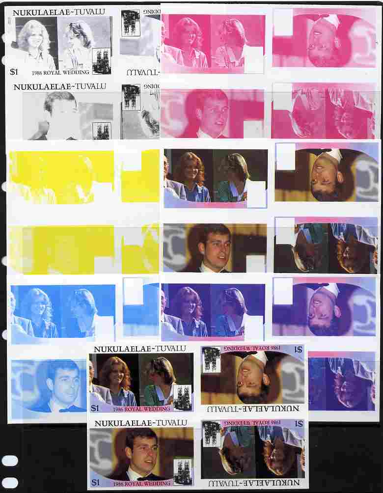Tuvalu - Nukulaelae 1986 Royal Wedding (Andrew & Fergie) $1 tete-beche se-tenant block of 4 - set of 7 imperf progressive proofs comprising the 4 individual colours plus 2, 3 and all 4 colour composites unmounted mint (7 tete-beche se-tenant proof blocks), stamps on royalty, stamps on andrew, stamps on fergie, stamps on 