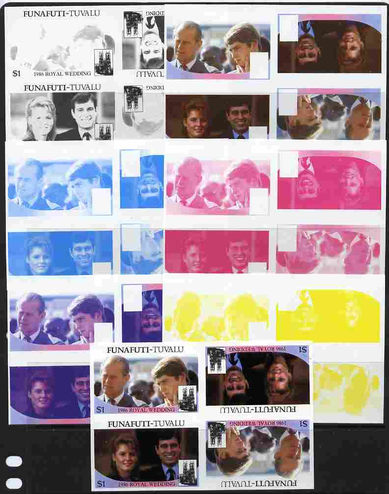 Tuvalu - Funafuti 1986 Royal Wedding (Andrew & Fergie) $1 tete-beche se-tenant block of 4 - set of 7 imperf progressive proofs comprising the 4 individual colours plus 2,..., stamps on royalty, stamps on andrew, stamps on fergie, stamps on 