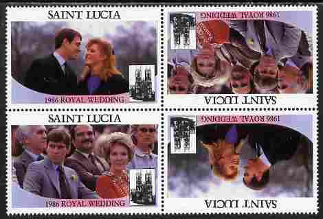 St Lucia 1986 Royal Wedding (Andrew & Fergie) $2 perforated tete-beche se-tenant block of 4 with face value omitted unmounted mint , stamps on , stamps on  stamps on royalty, stamps on  stamps on andrew, stamps on  stamps on fergie, stamps on  stamps on 