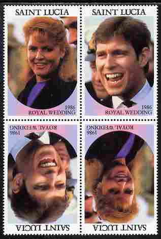 St Lucia 1986 Royal Wedding (Andrew & Fergie) 80c perforated tete-beche se-tenant block of 4 with face value omitted unmounted mint , stamps on , stamps on  stamps on royalty, stamps on  stamps on andrew, stamps on  stamps on fergie, stamps on  stamps on 