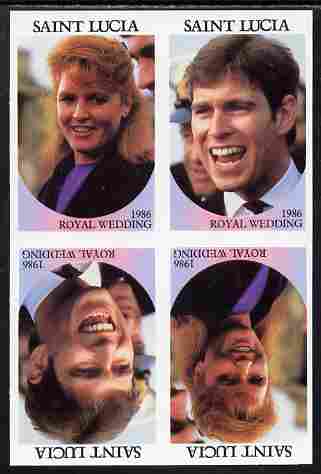St Lucia 1986 Royal Wedding (Andrew & Fergie) 80c imperf tete-beche se-tenant block of 4 with face value omitted unmounted mint , stamps on royalty, stamps on andrew, stamps on fergie, stamps on 