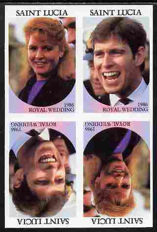 St Lucia 1986 Royal Wedding (Andrew & Fergie) 80c imperf tete-beche se-tenant block of 4 with face value omitted unmounted mint , stamps on , stamps on  stamps on royalty, stamps on  stamps on andrew, stamps on  stamps on fergie, stamps on  stamps on 