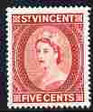St Vincent 1964-65 QEII def 5c scarlet (watermark Block CA P14) unmounted mint SG 215, stamps on , stamps on qeii, stamps on 