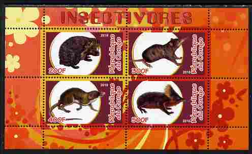 Congo 2010 Insectivores perf sheetlet containing 4 values unmounted mint, stamps on animals, stamps on insects